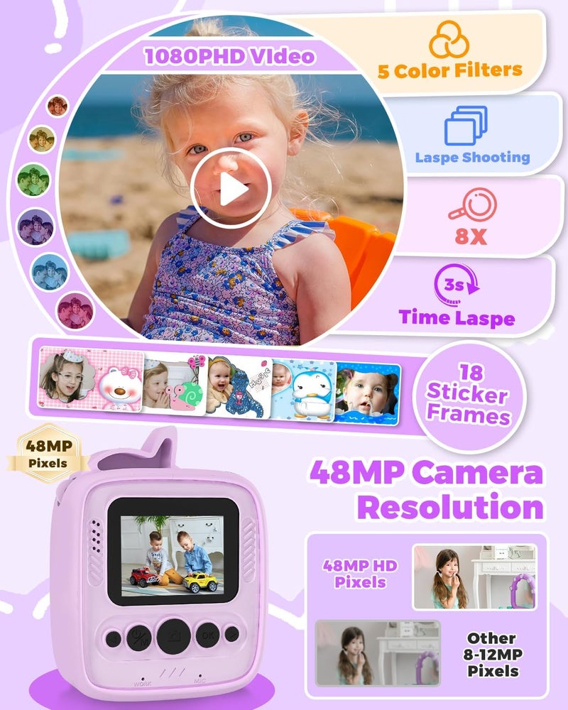 YINGOOT Kids Camera Instant Print, Christmas Birthday Gifts for Gils Age 3-8, 48MP &1080P Children Camera with Silicone Cover, Portable Toy Instant Camera for Kids 3 4 5 6 7 8 9 10 Year Old Girls - Image 4